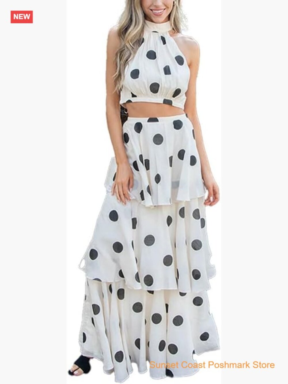 Off-Shoulder Crop Top and Tiered A-Line Maxi Skirt Set Polka Dot